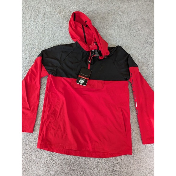 Spyder‎ 1/4 Zip Hooded Light Windbreaker Mesh Lined Jacket Mens Medium Black Red - Picture 1 of 12